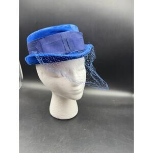 Original Caroline Vintage Hat Blue Velour with small Veil 1960's Pork Pie Style